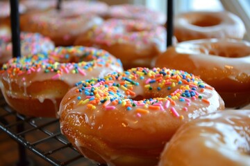 Delectable glazed donuts topped with rainbow sprinkles on a cooling rack