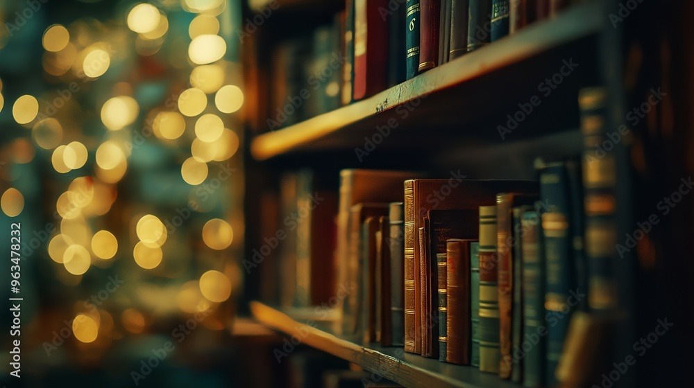 Poster close-up of a bookshelf with old books, the books are in focus while the background is blurred with 