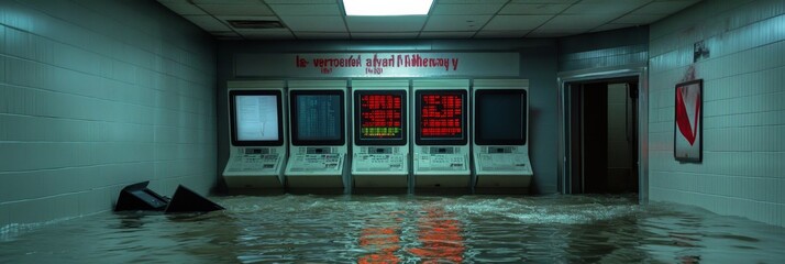 A flooded trading floor with water reaching the level of the electronic displays, symbolizing the impact of disaster on financial markets, the vulnerability of technology, the uncertainty of the futur