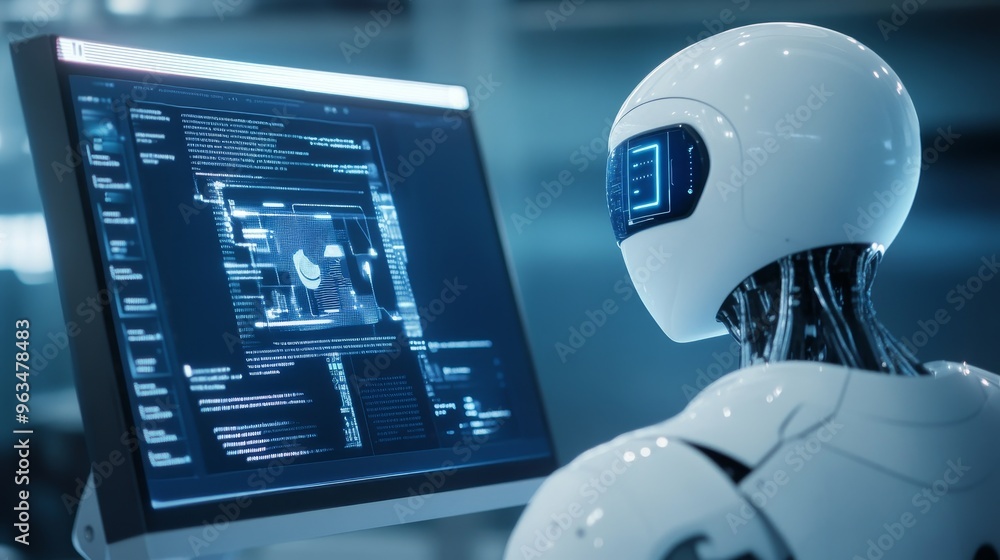 Poster a futuristic ai robot with a sleek white exterior is intently focused on a computer screen displayin