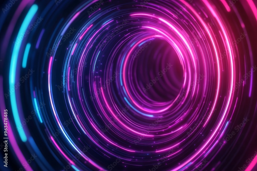 Poster a futuristic and abstract digital background featuring concentric circles of glowing pink and blue n