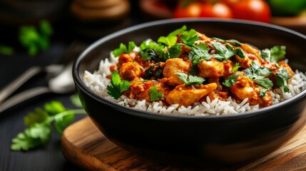 A flavorful dish of chicken curry served over a bed of fluffy white rice. The chicken is cooked in a rich, aromatic sauce with fragrant spices and herbs. The dish is garnished with fresh cilantro, add