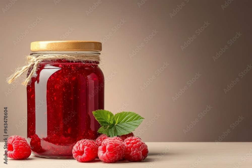 Poster a glass jar filled with homemade raspberry jam, topped with a wooden lid and tied with twine. fresh 