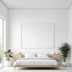 3D Render of a bedroom with a bed nightstand and potted plants.