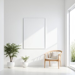 3D Render of a modern living room with a chair plants and a large window.