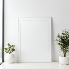 3D Render of a modern living room with a large white frame on a white shelf next to two potted plants.