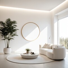 3D Render of a modern living room with a white couch circular mirror and a potted plant.