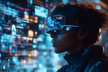 A person wearing futuristic VR glasses interacting with a digital interface, representing virtual reality technology and innovation.