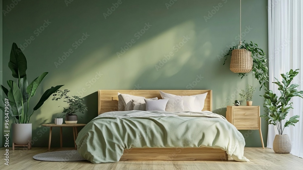 Wall mural Bed room interior ,mid-century modern style A stylish and cozy relaxing room under the roof ,soft green wall ,3d render.generative ai