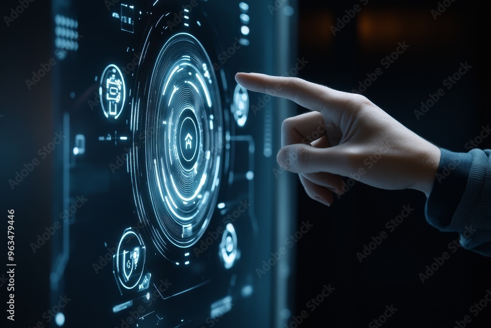 Poster a hand reaches out to touch a futuristic digital display, showcasing a circular interface with glowi