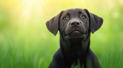 Black puppy sitting in lush green grass during golden hour