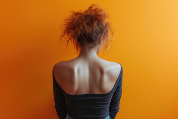 Woman in gray long sleeve shirt with bare back and shoulders on yellow background