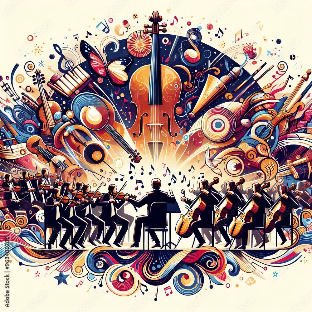 Poster a lively and colorful depiction of an orchestra in full performance, represented through abstract ar