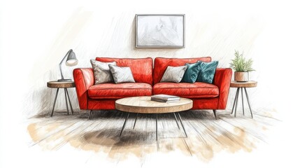 Stylish living room furniture, interior design element, detailed sketch, pastel tones, isolated on white background