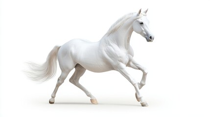 Fototapeta premium A majestic white horse with a flowing mane and tail is captured in mid-stride, galloping gracefully against a clean white background. The horse's powerful muscles and elegant form are highlighted, sho