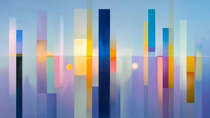 Obraz premium A mesmerizing abstract cityscape with vertical lines of vibrant colors. The reflection of the city in the water creates a sense of depth and harmony, symbolizing urban life, creativity, and the interp