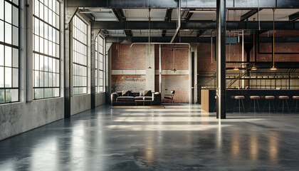 Contemporary industrial interior with a strong perspective and with large windows