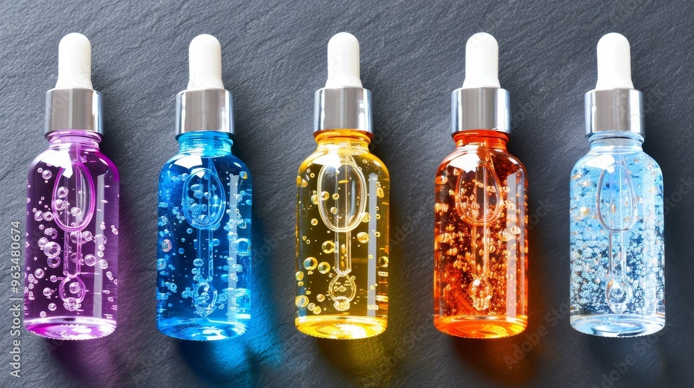Poster vibrant dropper bottles displayed in a row with colorful liquids on a dark background