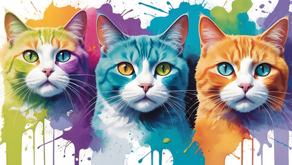 A  distinct fat cats arrayed horizontally, each embodying a separate rainbow hue, all against a stark white backdrop, surrounded by dynamic, free paint splatters