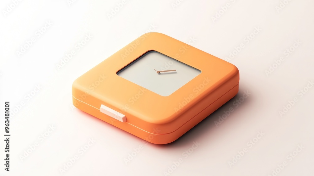 Poster a minimalist orange clock with a square design and simple hands.