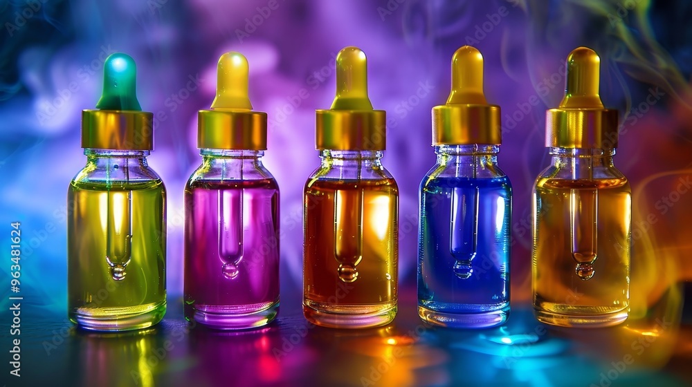Poster row of five dropper bottles filled with colorful liquids set against a dark backdrop