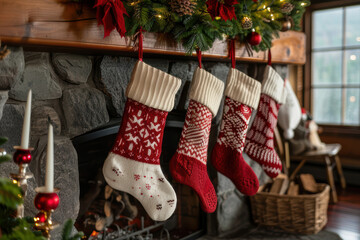 Rustic Christmas stockings, featuring knitted patterns, hanging by a warm fireplace with wreaths and mistletoe completing the holiday decor.. AI generated.