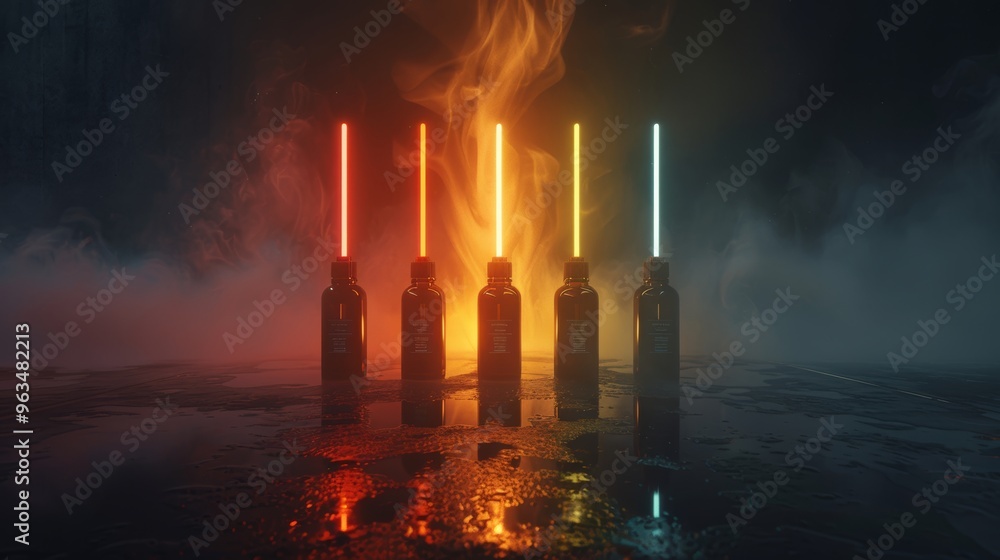 Poster five dropper bottles with colorful liquids displayed in a row on a dark backdrop