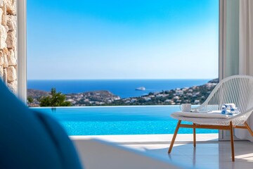 Fototapeta premium A modern villa with a private infinity pool overlooking the sparkling blue ocean. White and blue furniture complements the stunning view, creating a serene and inviting atmosphere. The open concept de