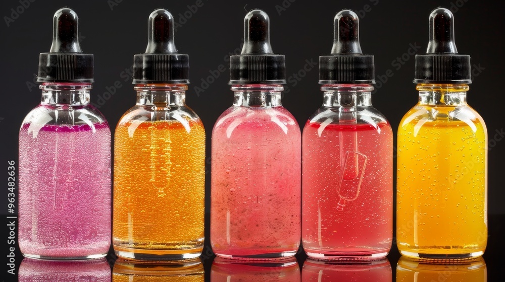Poster vibrant array of dropper bottles filled with colorful liquids on a dark background