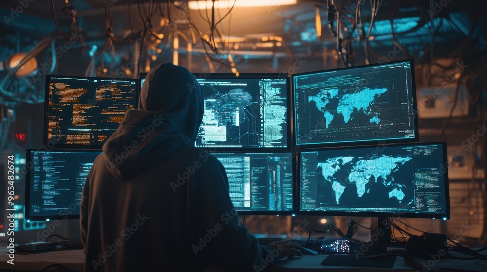 Poster the hacker with multiple monitors
