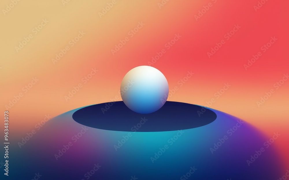 Poster sphere on surface. abstract image of a white sphere resting on a blue surface against a gradient bac