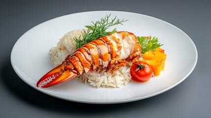 A perfectly grilled lobster tail served on a bed of fluffy white rice, accompanied by fresh vegetables and a bright red cherry tomato. This dish embodies a healthy and satisfying meal, offering a deli