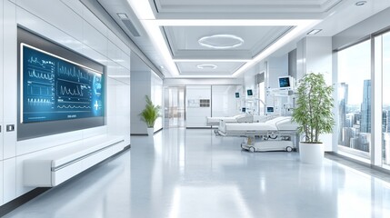 High-tech hospital environment with real-time patient monitoring via IoT devices telemedicine platform displaying vitals
