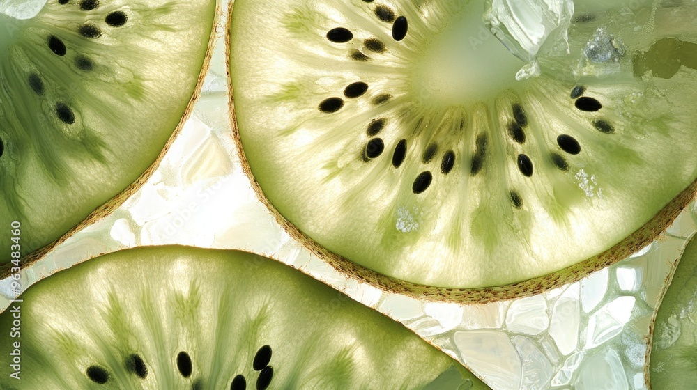 Poster close-up of three slices of kiwi fruit with visible seeds