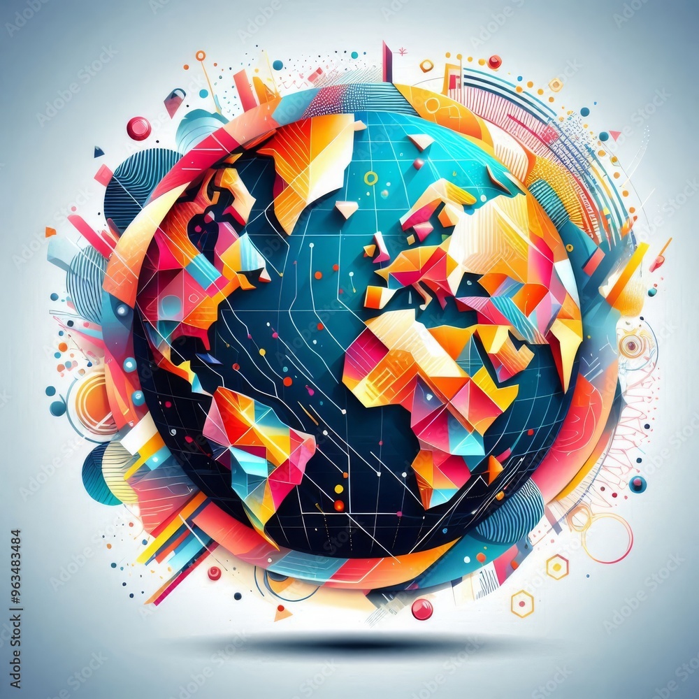 Poster a stunning abstract illustration of a globe, featuring geometric shapes and vibrant colors, creating