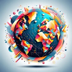 A stunning abstract illustration of a globe, featuring geometric shapes and vibrant colors, creating a modern, digital representation of Earth. Perfect for technology and innovation themes.. AI