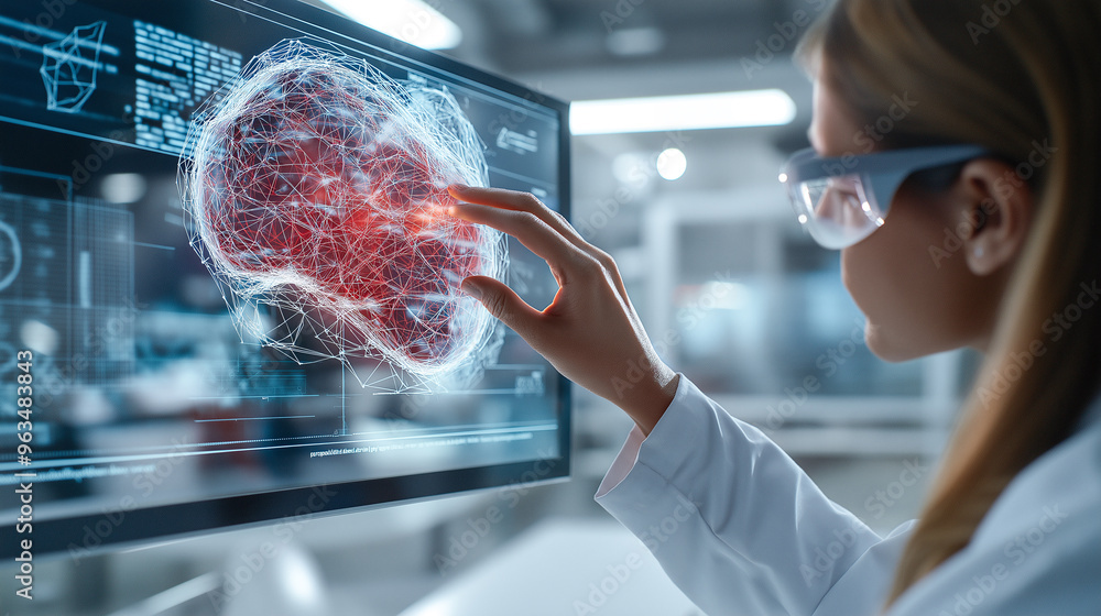 Poster engaging scientist analyzing brain data visualization