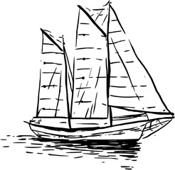 Boat Ship Yacht in black and white sketch.Hand drawn minimal design. Perfect for wallpaper, template, banner, wall decor, print, postcard, cover. Vector illustration