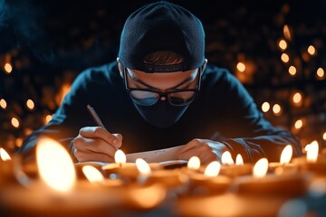 Masked man sitting in a candle-lit room, writing a letter his thoughts veiled by the flickering shadows, preparing for something momentous