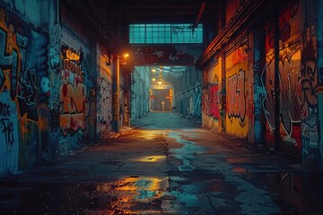 Fototapeta premium Dimly lit urban alley with graffiti-covered walls, reflecting vibrant colors and urban art, showcasing street culture and late night atmosphere.