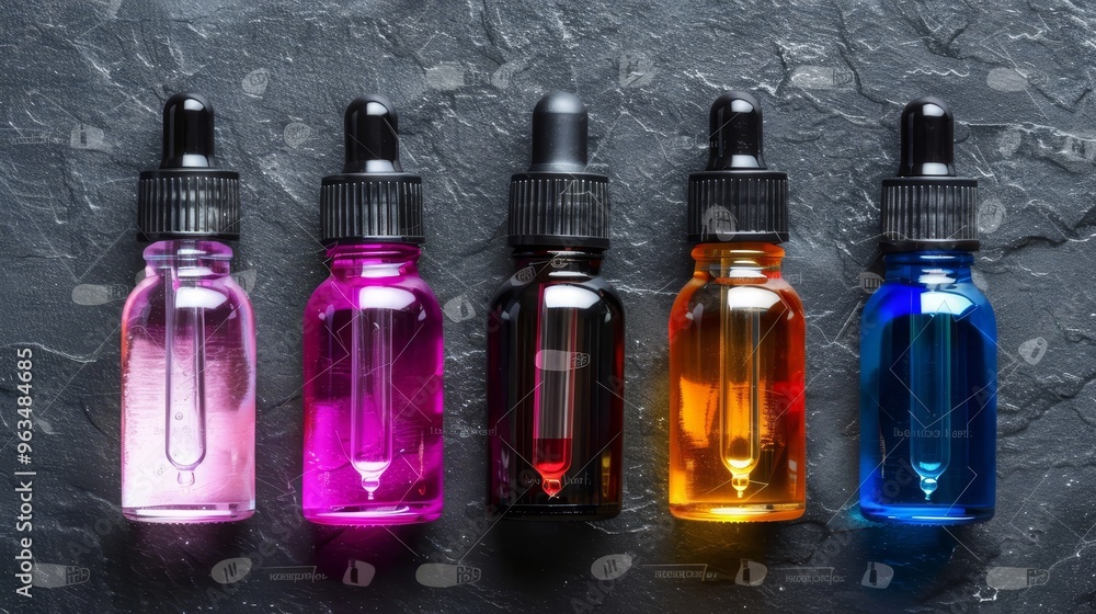 Poster five colorful dropper bottles displayed in a row on a dark background for artistic appeal