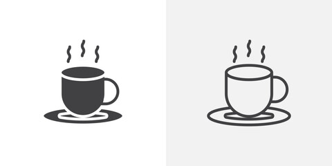 Hot coffee cup icon in black filled and outlined style