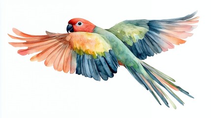 Fototapeta premium Watercolor painting of a colorful parrot in flight with its wings spread wide.