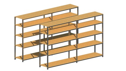 3D rendering illustration of two metal shelf structures with plywood finishing, featuring 4 rows for storing items—Exterior view, highlighting the functional design and sturdy construction