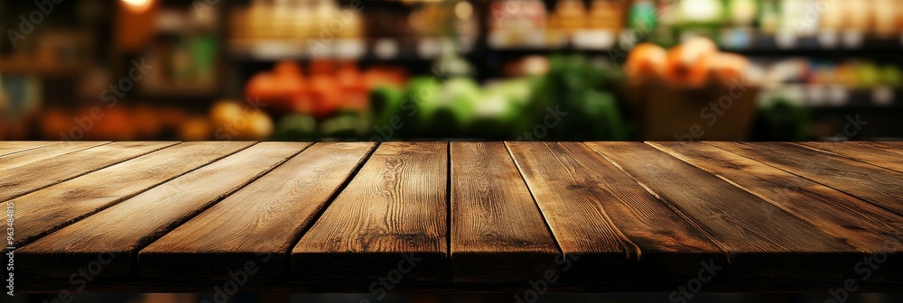 Poster a rustic wooden tabletop with a blurred supermarket background, perfect for showcasing products, cre