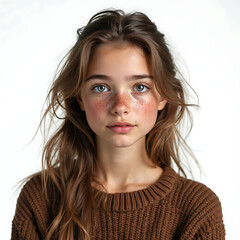 Fototapeta premium elegant teenage girl with soft freckles in sweater, white background