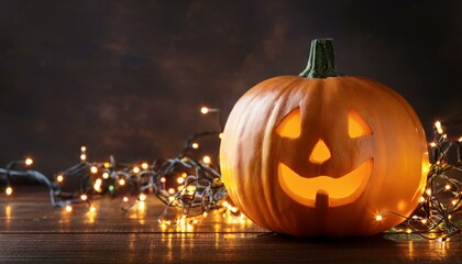 pumpkin in lights with fairylights glow on table with background