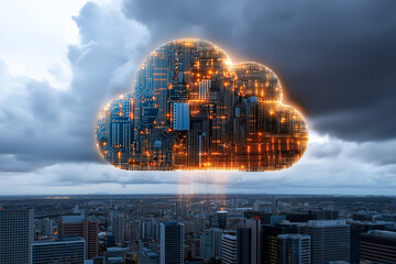 Circuitry Cloud Glows Over Urban Cityscape Skies