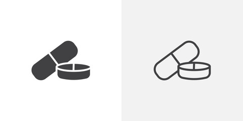 Medicine pills icon in black filled and outlined style