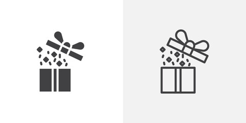 Open gift box icon in black filled and outlined style